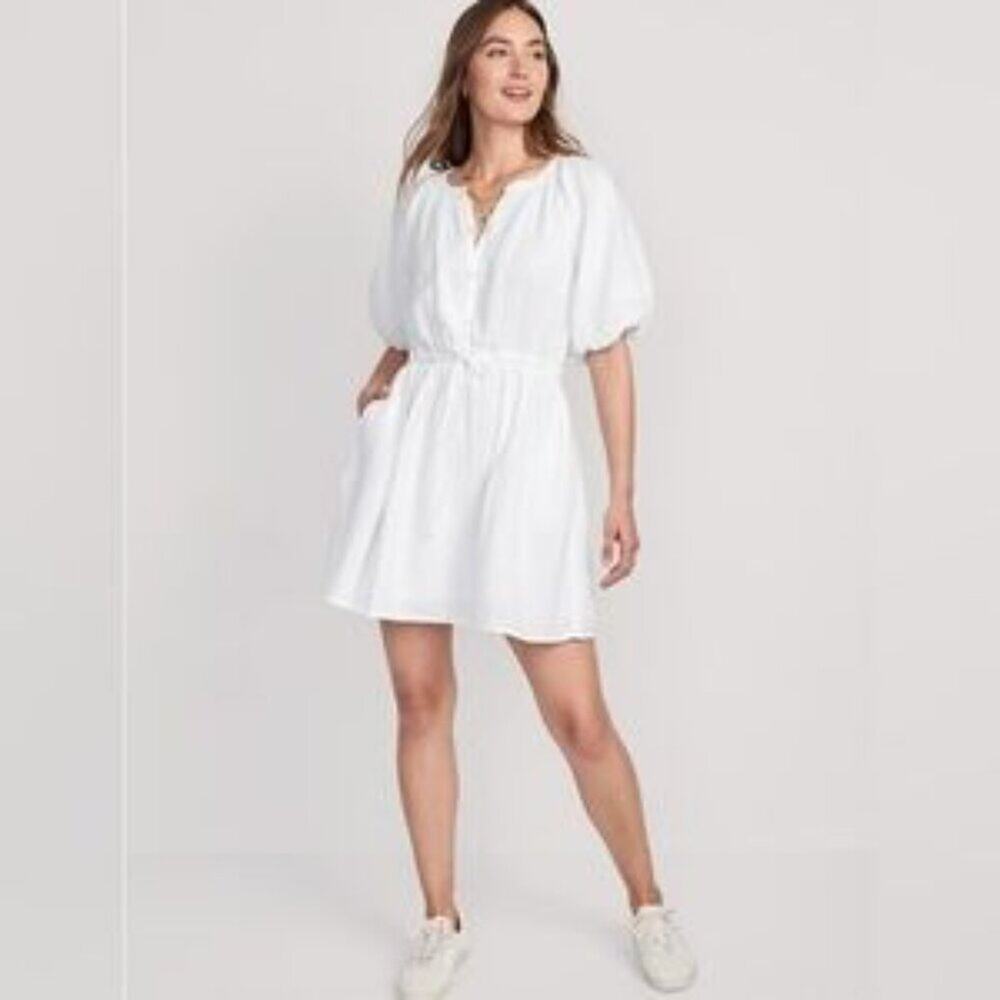 Old Navy Waist-Defined Puff-Sleeve Mini Poet Dress White Lilies Slub Gauzy SZ XL
